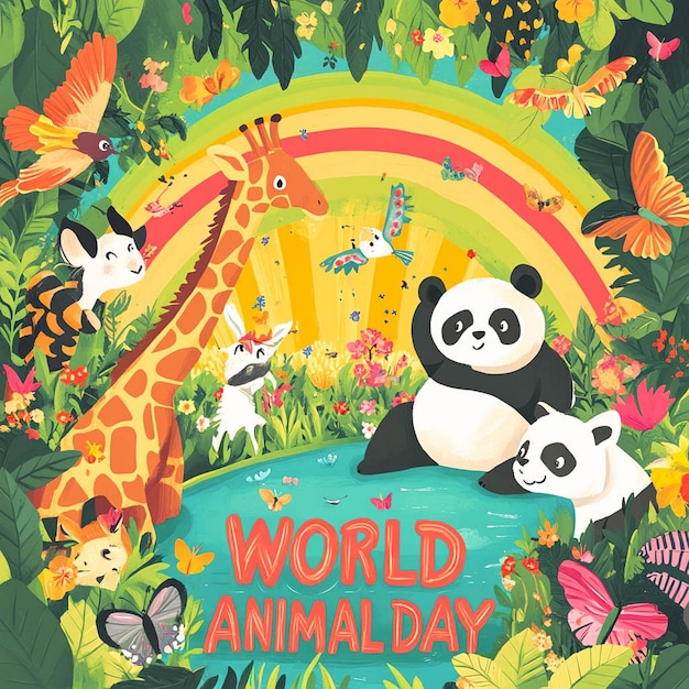 a poster for world day with pandas and butterflies around it