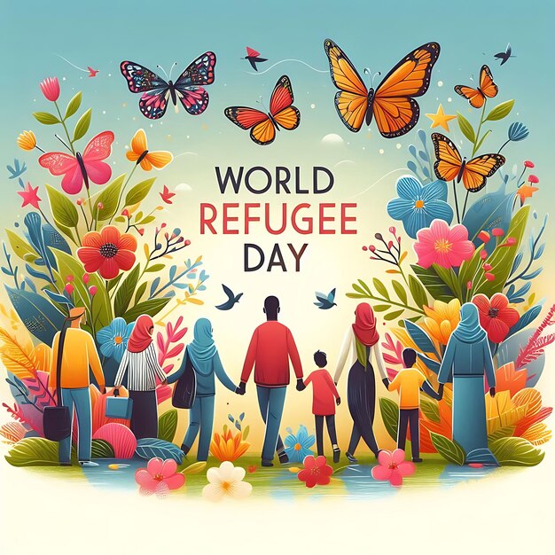 a poster for world day with people and butterflies and a blue sky