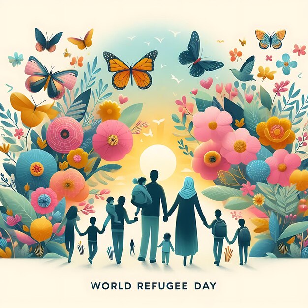 a poster of a world day with people holding hands and a sun in the background