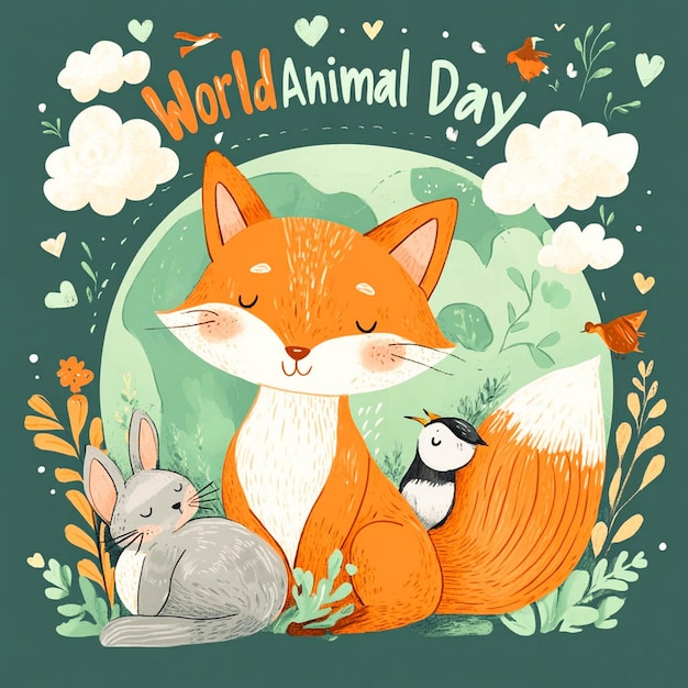 Photo a poster for world day with a picture of a fox and two rabbits