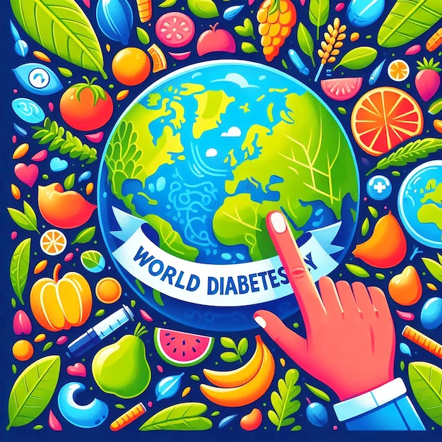 a poster of world diabetes with a hand pointing to the right