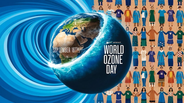 Photo a poster for world map with people in the background and a woman in a blue dress holding a globe that says world