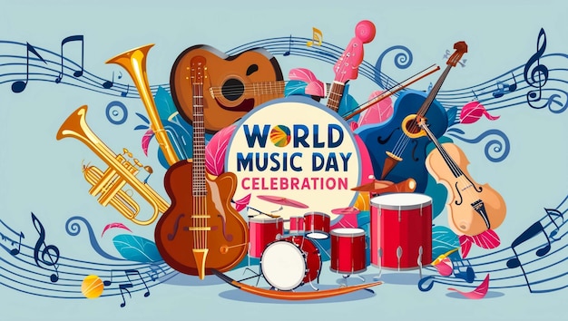 poster for world music day with a banner that says world music