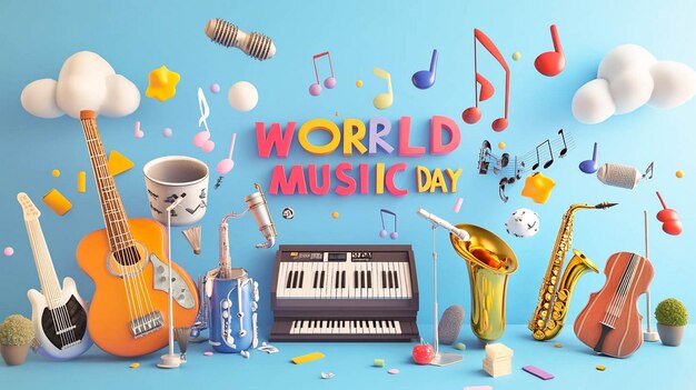 Photo a poster for world music day with a blue background with a colorful sign that says world music