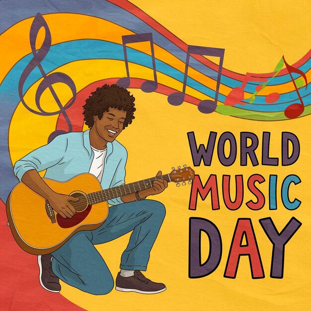 Photo a poster for world music day with a man playing guitar