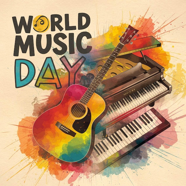 a poster for world music day with a piano and a piano