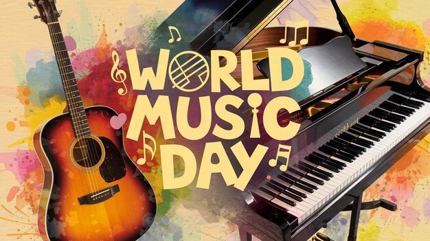 Photo a poster for world music day with a piano and a piano