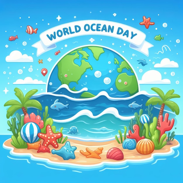 a poster for world ocean day with sea view