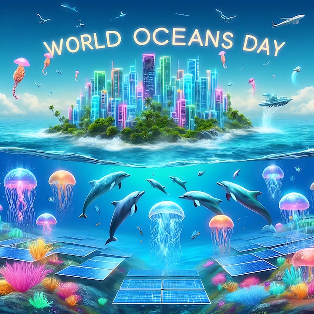 a poster for world oceans day with fish swimming in the water