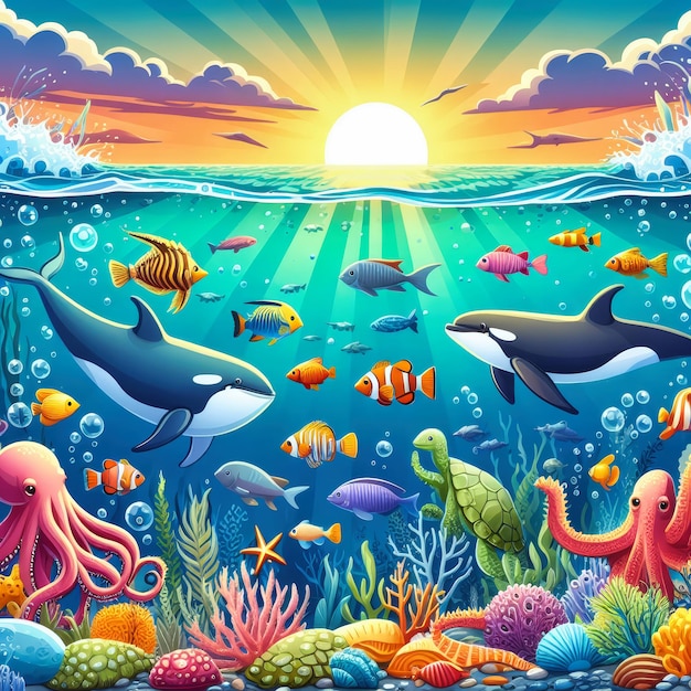 a poster for world oceans day with sea creatures and the sun