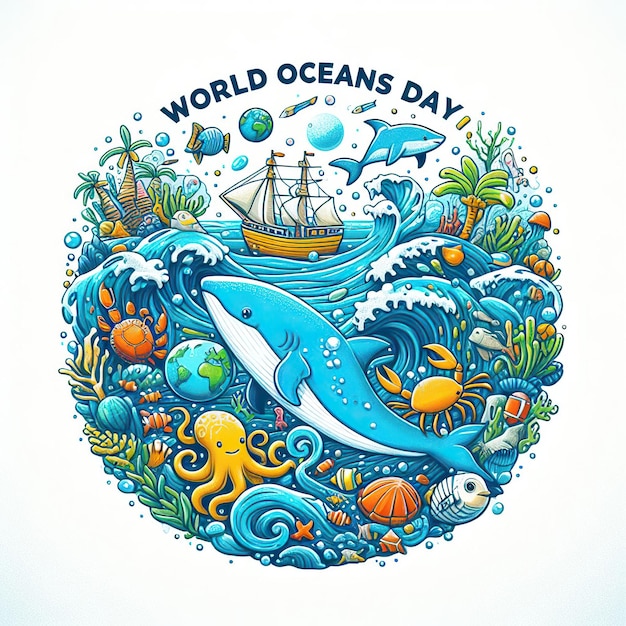 a poster for world oceans with a ship in the middle