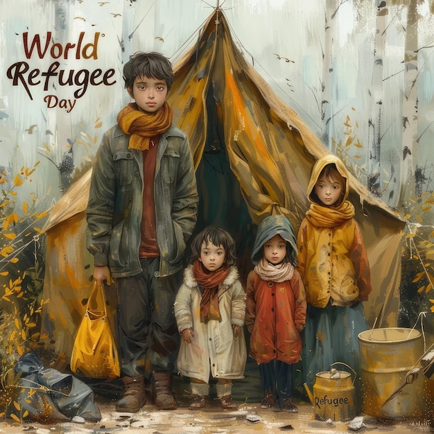 a poster for world peace for children with a tent and children