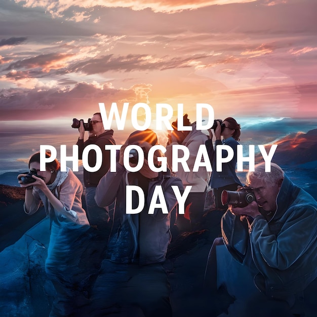 a poster for world photography day with a sunset in the background