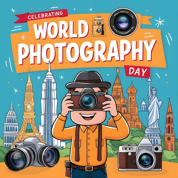 a poster for world photography with a man taking a photo