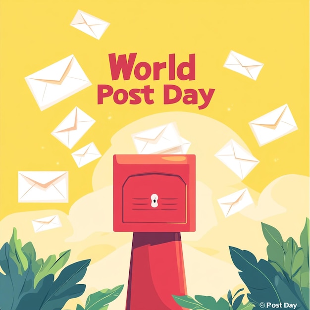 a poster for world post day with a post card in the background