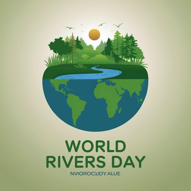 A poster for the world rivers day with trees and mountains in the background