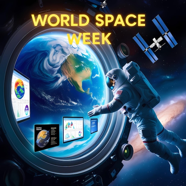 a poster for world week is shown with a man in space