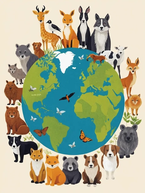 Photo a poster of a world with animals and butterflies around it