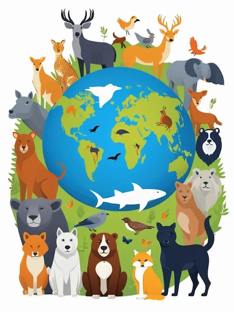 Photo a poster of a world with animals and the world around it