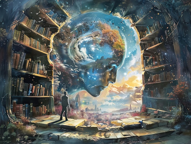 a poster of a world with a man standing in front of a bookcase