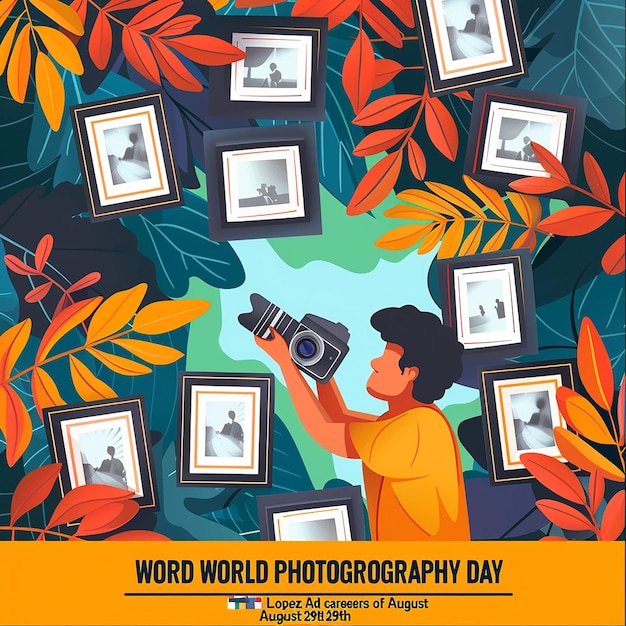 a poster for world world day with a girl taking a photo of a man with a camera