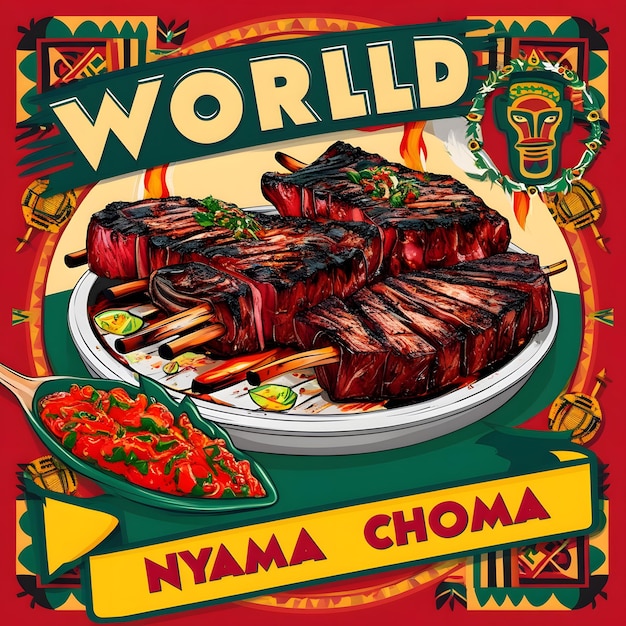 a poster of world world on a red background with a plate of food