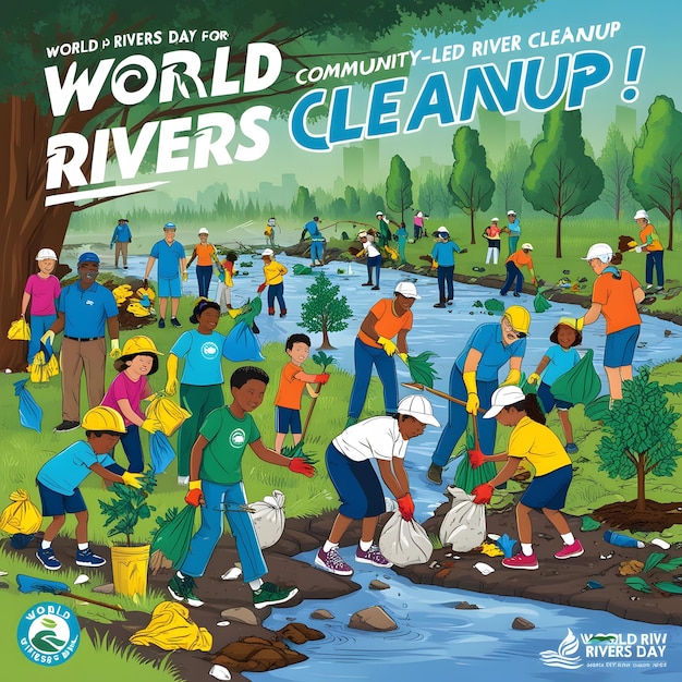 Photo a poster for worlds clean river and people working on it