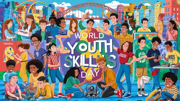 Photo a poster of a worlds skills day is written by children