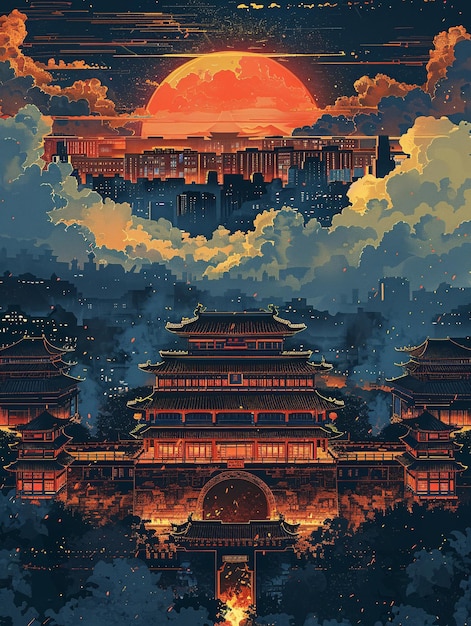 a poster for the year 2012 2012Chinese style retro ancient building architectural illustration Chin