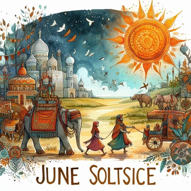 a poster for the year august sun with an elephant and a wagon with people walking in the background