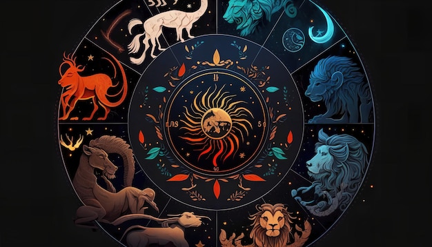 A poster for the zodiac circle with the zodiac signs in the center.