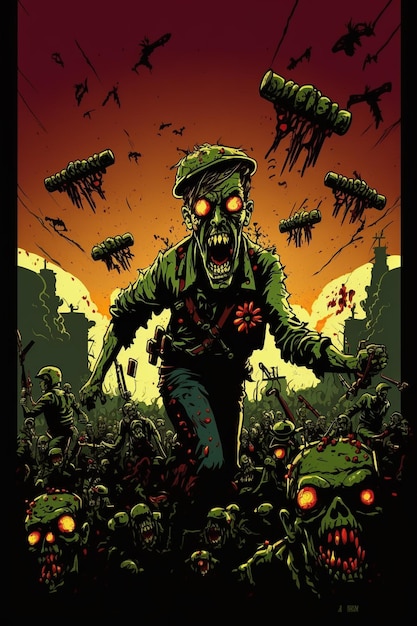 A poster for a zombie apocalypse with a zombie on it.