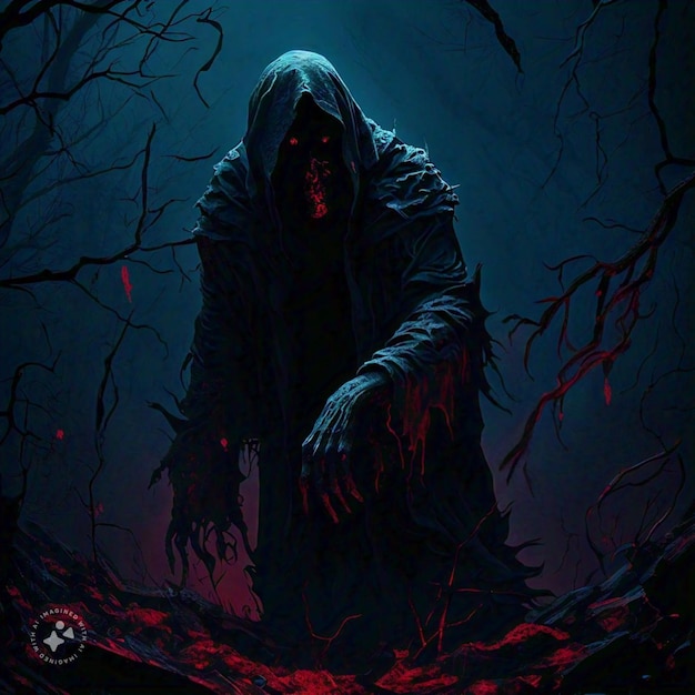 a poster of a zombie with a black cloak and red paint