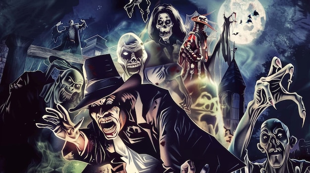 a poster of a zombie with a man in a hat and a skull on it