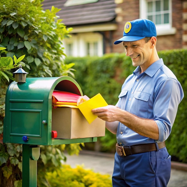 Postman delivering a letter to a colorful mailbox for efficient mail service