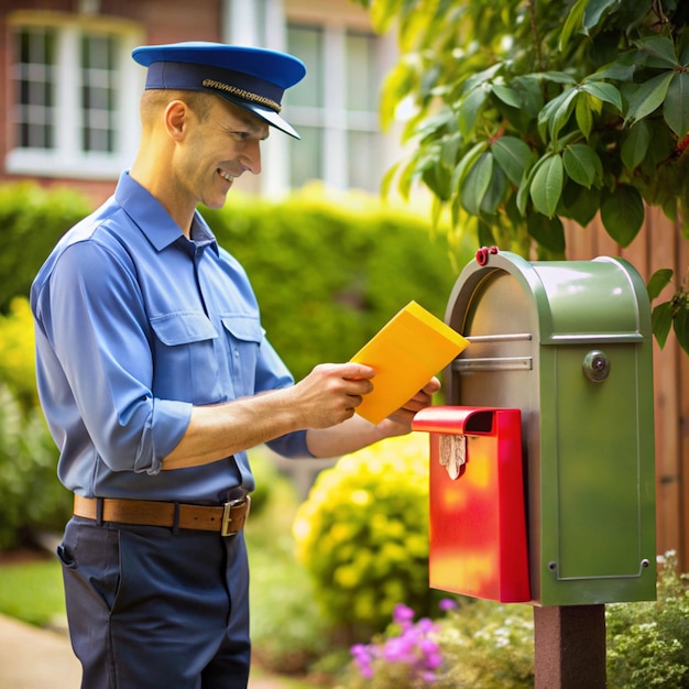 Photo postman delivering a letter to a colorful mailbox for efficient mail service