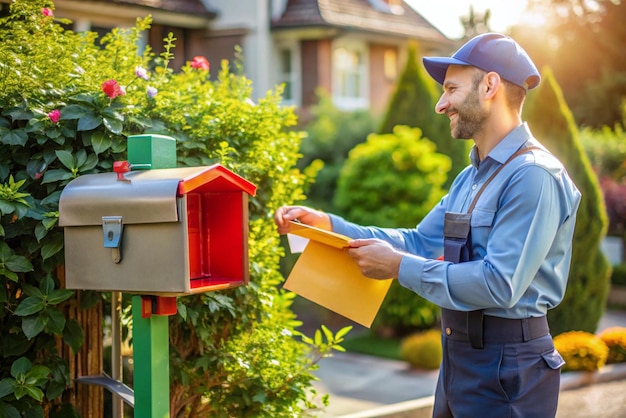 Postman delivering a letter to a colorful mailbox for efficient mail service