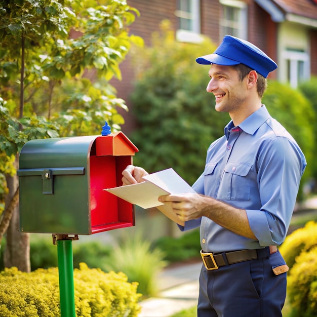 Photo postman delivering a letter to a colorful mailbox for efficient mail service