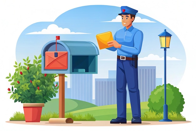 Photo postman delivering letter to a colorful mailbox