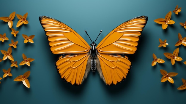 Photo postmodernist orange butterfly dark cyan and gold 3d rendering