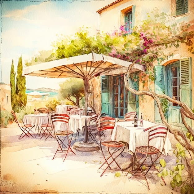 A postprocessed watercolor illustration depicts an empty outdoor restaurantcafe Generative AI