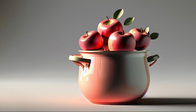 A pot of apples is on a table.