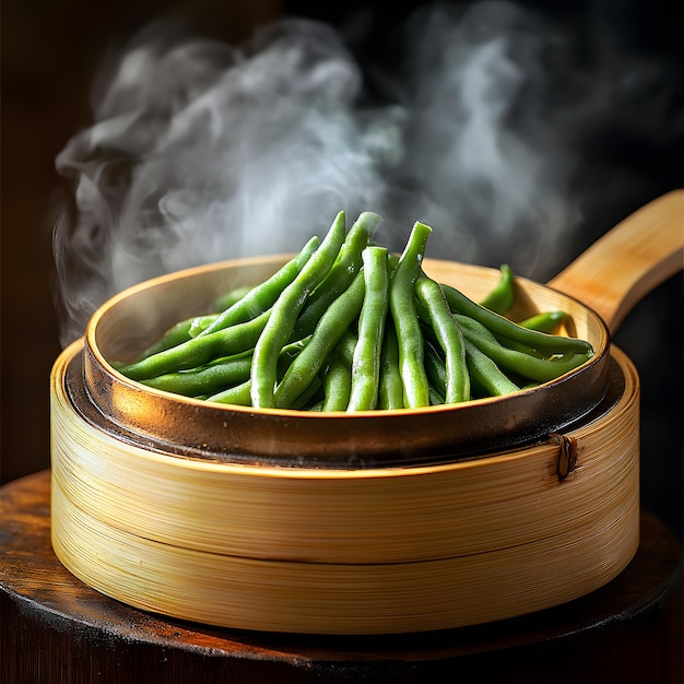 Photo a pot of asparagus is on a wooden table