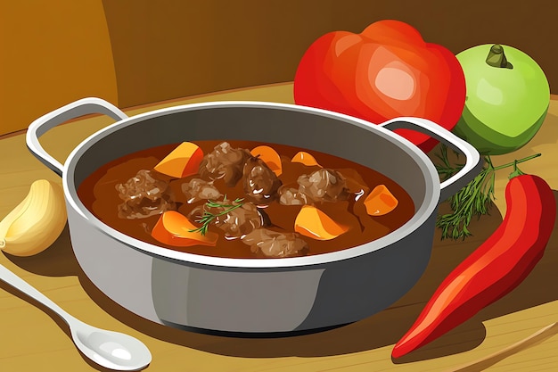 A Pot of Beef Stew with Carrots and a Spoon