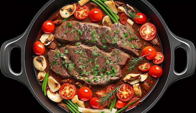 A pot of beef with vegetables and tomatoes