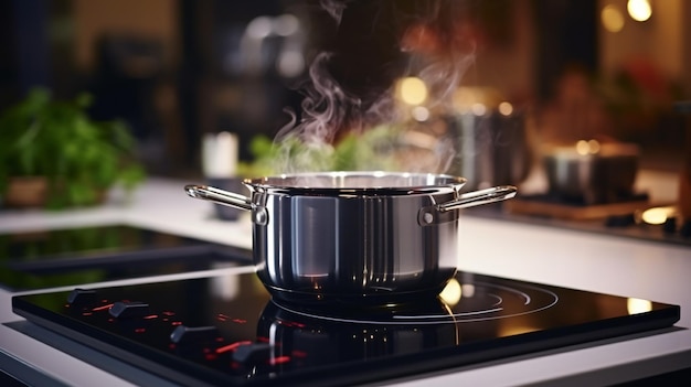 a pot of boiling water is on a stove with a black lid