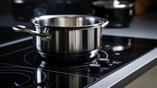 a pot of boiling water is on a stove with a smoke coming out of it