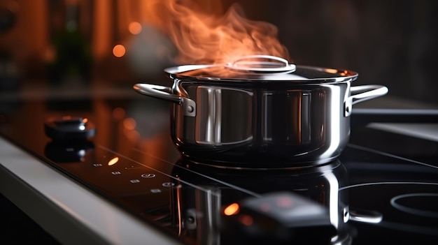 a pot of boiling water sits on a stove top