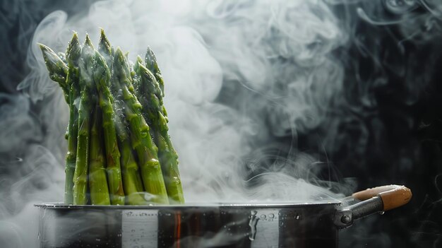 A pot of boiling water with a bunch of asparagus in it