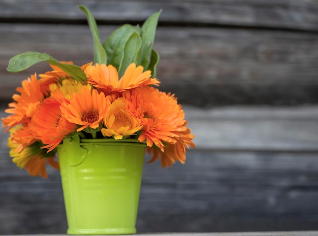 A pot of calendula on a wooden table a place for text